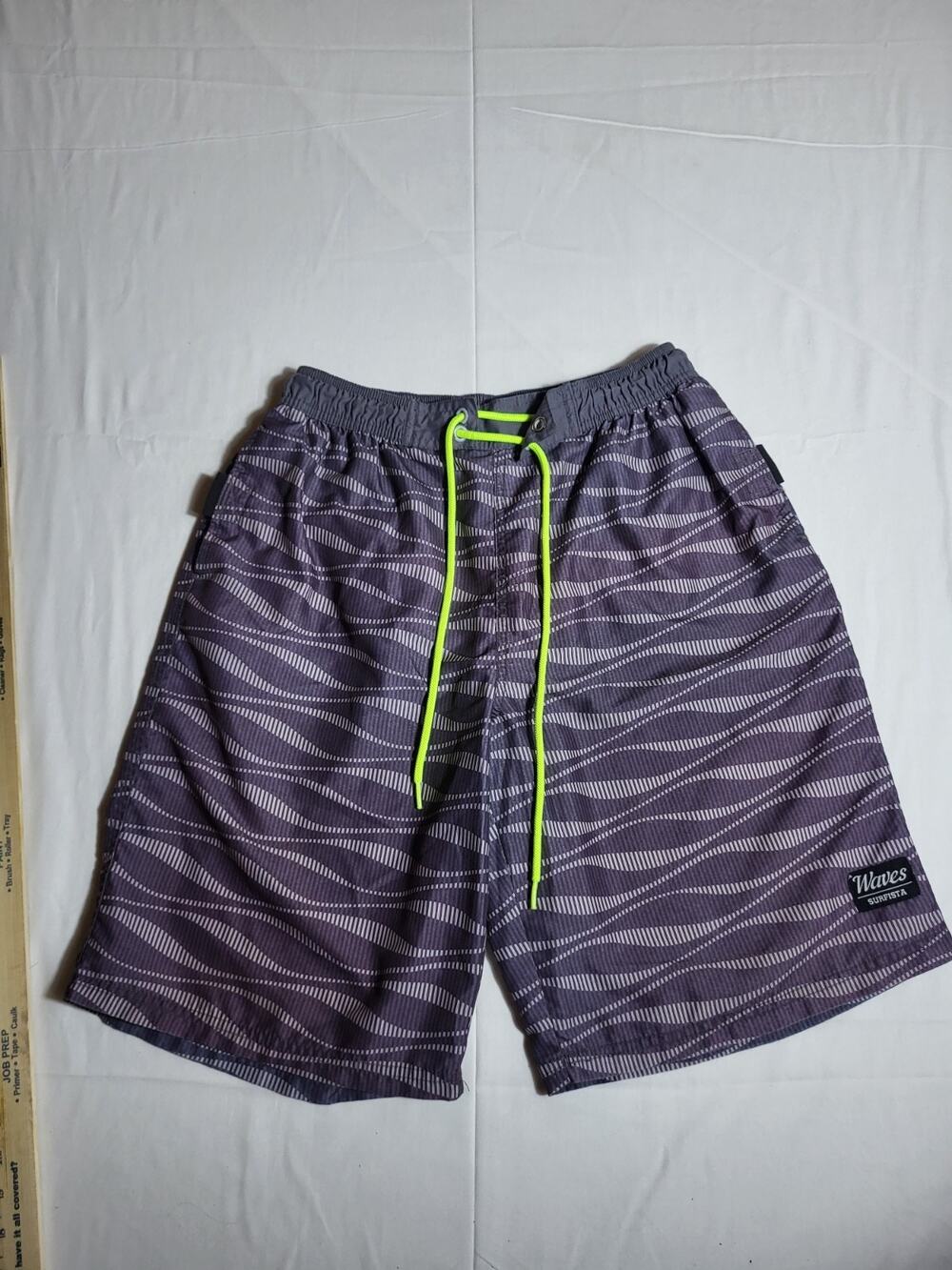 Tesla Gear Mens Swim Trunks XL Gray Purple Striped Mesh Lined Board Shorts